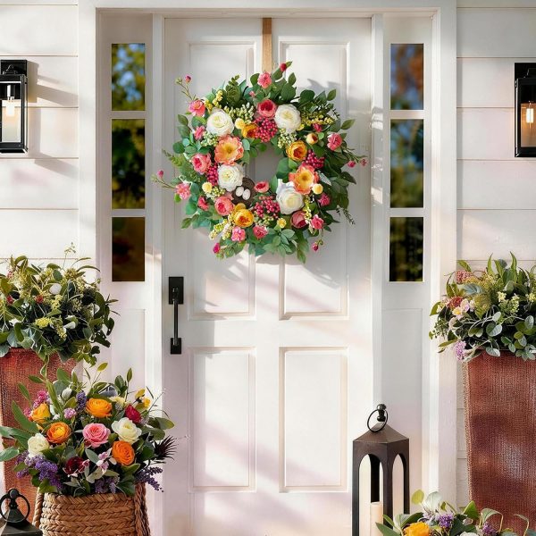 24 Inch Spring Wreaths for Front Door Outside,Handcrafted Spring Door Wreath with Roses,Eucalyptus Greener y& Bird Nest Eggs,Luxury Summer Wreaths for Front Door for Porch Home Wall Window
