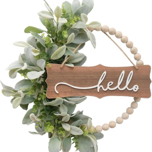 CT0439811JS_1 Green Wreath for Front Door, Wood Bead Wreaths with Artificial Lambs Ears Leaves, Hello and Welcome Door Sign Wreath for Home Decor, Spring Summer Green Leaf for Wedding Decor