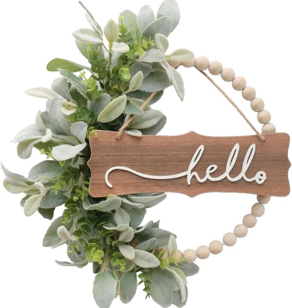 CT0439811JS_1 Green Wreath for Front Door, Wood Bead Wreaths with Artificial Lambs Ears Leaves, Hello and Welcome Door Sign Wreath for Home Decor, Spring Summer Green Leaf for Wedding Decor