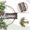 CT0439811JS_2 Green Wreath for Front Door, Wood Bead Wreaths with Artificial Lambs Ears Leaves, Hello and Welcome Door Sign Wreath for Home Decor, Spring Summer Green Leaf for Wedding Decor