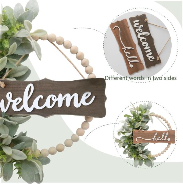 CT0439811JS_2 Green Wreath for Front Door, Wood Bead Wreaths with Artificial Lambs Ears Leaves, Hello and Welcome Door Sign Wreath for Home Decor, Spring Summer Green Leaf for Wedding Decor