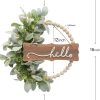CT0439811JS_3 Green Wreath for Front Door, Wood Bead Wreaths with Artificial Lambs Ears Leaves, Hello and Welcome Door Sign Wreath for Home Decor, Spring Summer Green Leaf for Wedding Decor