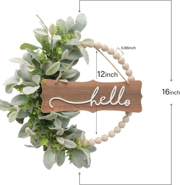 CT0439811JS_3 Green Wreath for Front Door, Wood Bead Wreaths with Artificial Lambs Ears Leaves, Hello and Welcome Door Sign Wreath for Home Decor, Spring Summer Green Leaf for Wedding Decor