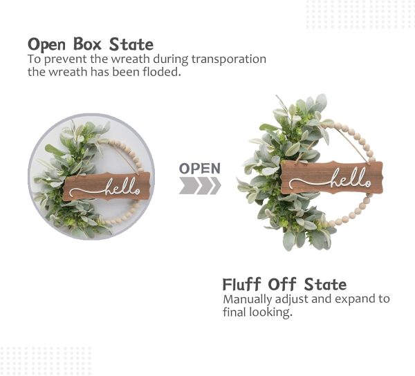 CT0439811JS_4 Green Wreath for Front Door, Wood Bead Wreaths with Artificial Lambs Ears Leaves, Hello and Welcome Door Sign Wreath for Home Decor, Spring Summer Green Leaf for Wedding Decor