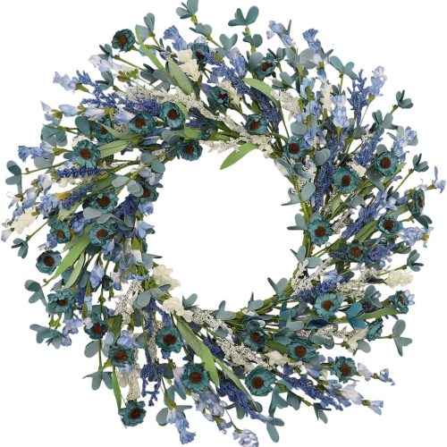CT0439826JS_1 24 Inch Blue Floral Wreath for Front Door, Artificial Eucalyptus Wreath with Blue Daisy and White Wildflowers, Spring Summer Wreath for Farmhouse Home Wall Wedding Decor, All Seasons