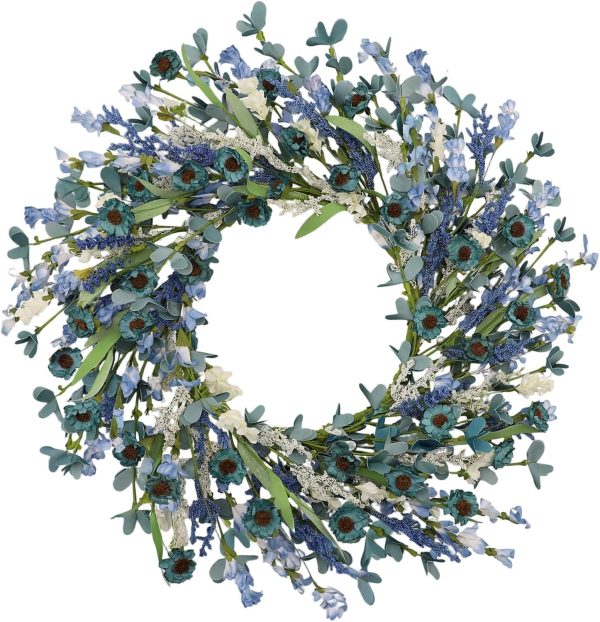 24 Inch Blue Floral Wreath for Front Door, Artificial Eucalyptus Wreath with Blue Daisy and White Wildflowers, Spring Summer Wreath for Farmhouse Home Wall Wedding Decor, All Seasons