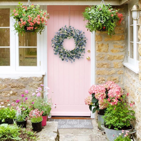 24 Inch Blue Floral Wreath for Front Door, Artificial Eucalyptus Wreath with Blue Daisy and White Wildflowers, Spring Summer Wreath for Farmhouse Home Wall Wedding Decor, All Seasons