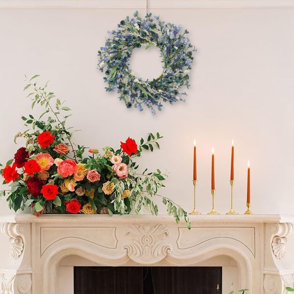 24 Inch Blue Floral Wreath for Front Door, Artificial Eucalyptus Wreath with Blue Daisy and White Wildflowers, Spring Summer Wreath for Farmhouse Home Wall Wedding Decor, All Seasons