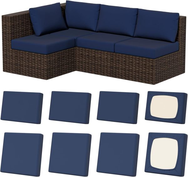 CT0439921JS_1 8Pcs Outdoor Cushion Covers, Stretch Patio Furniture Couch Chair Slipcovers | Washable, Pet Friendly, Seat Replacement Covers, Soft Sofa Slip Covers, 4-Large+4-Rectangle 20-27", Easy Renew, Navy Blue