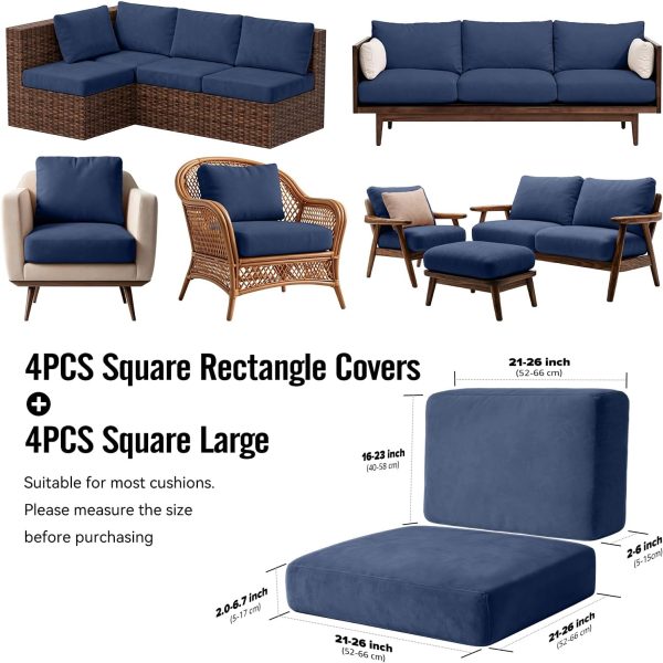 CT0439921JS_2 8Pcs Outdoor Cushion Covers, Stretch Patio Furniture Couch Chair Slipcovers | Washable, Pet Friendly, Seat Replacement Covers, Soft Sofa Slip Covers, 4-Large+4-Rectangle 20-27", Easy Renew, Navy Blue