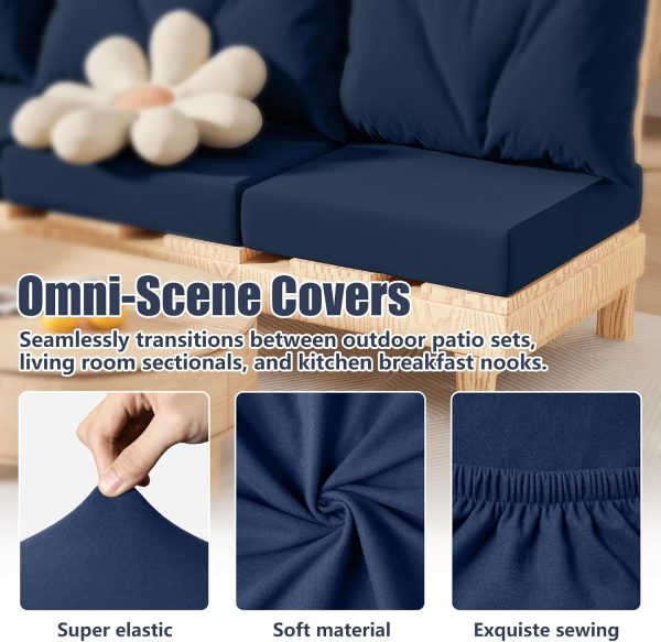 CT0439921JS_4 8Pcs Outdoor Cushion Covers, Stretch Patio Furniture Couch Chair Slipcovers | Washable, Pet Friendly, Seat Replacement Covers, Soft Sofa Slip Covers, 4-Large+4-Rectangle 20-27", Easy Renew, Navy Blue