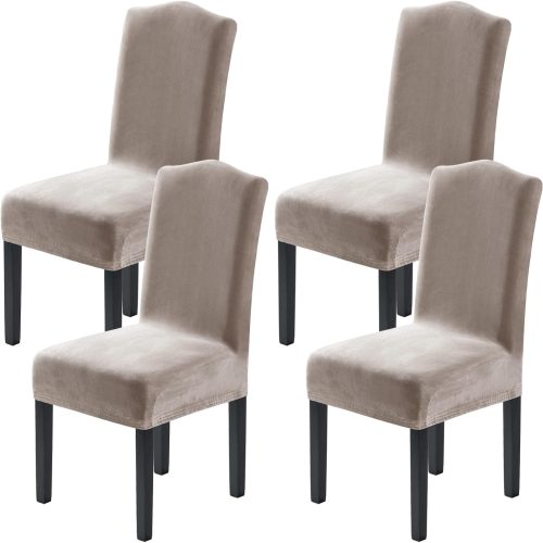 H.VERSAILTEX Dining Chair Covers Stretch for Dining Room Set of 4 Parson Chair Slipcovers Protectors, Soft Thick Solid Velvet Fabric Washable, Taupe