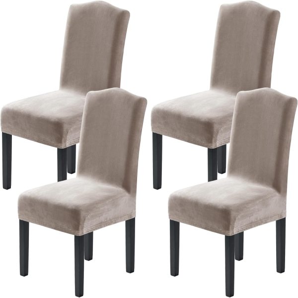 H.VERSAILTEX Dining Chair Covers Stretch for Dining Room Set of 4 Parson Chair Slipcovers Protectors, Soft Thick Solid Velvet Fabric Washable, Taupe