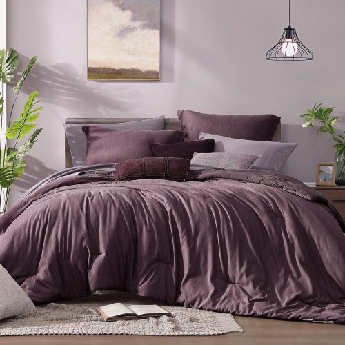 CT0439938JS_1 Monbix Queen Size Comforter Set 7 Pieces Italian Plum Bed in a Bag | Cationic Dyeing Reversible All Season Bedding Sets with Comforter, Sheets, Pillowcases & Shams