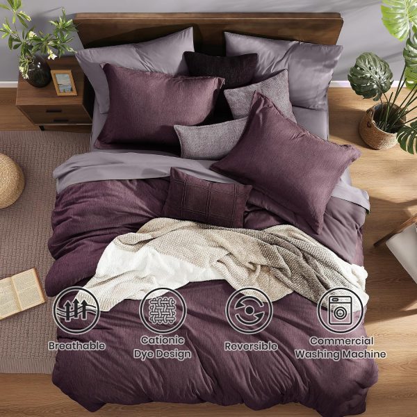 CT0439938JS_2 Monbix Queen Size Comforter Set 7 Pieces Italian Plum Bed in a Bag | Cationic Dyeing Reversible All Season Bedding Sets with Comforter, Sheets, Pillowcases & Shams