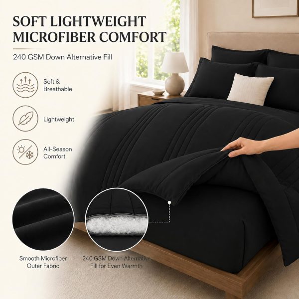 Queen Comforter Set Black, 7 Pieces Bed in a Bag Queen, Lightweight Microfiber Bedding Set with Comforter, Flat Sheet, Fitted Sheet, Pillowcases & Shams, Deep Pocket All Season Bed Set