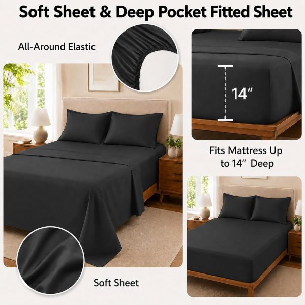 Queen Comforter Set Black, 7 Pieces Bed in a Bag Queen, Lightweight Microfiber Bedding Set with Comforter, Flat Sheet, Fitted Sheet, Pillowcases & Shams, Deep Pocket All Season Bed Set