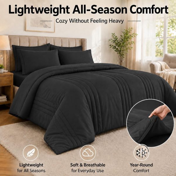 Queen Comforter Set Black, 7 Pieces Bed in a Bag Queen, Lightweight Microfiber Bedding Set with Comforter, Flat Sheet, Fitted Sheet, Pillowcases & Shams, Deep Pocket All Season Bed Set