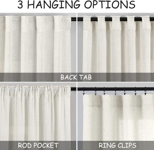Cream Linen Back Tab Curtains 84 Inch Length for Living Room 2 Panel Set Neutral Modern Farmhouse Window Privacy Semi Sheer Linen Drapes Rustic Pinch Pleated Look Curtain Natural Ivory Colored