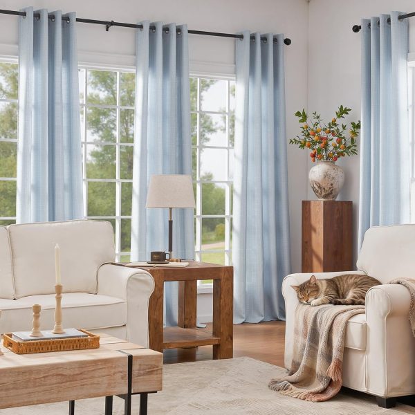 jinchan Blue Linen Textured Curtains 84 Inch Length for Living Room Grommet Top Farmhouse Light Filtering Window Drapes for Bedroom, 2 Panels Heathered Sky Blue
