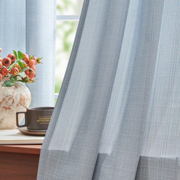jinchan Blue Linen Textured Curtains 84 Inch Length for Living Room Grommet Top Farmhouse Light Filtering Window Drapes for Bedroom, 2 Panels Heathered Sky Blue