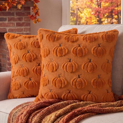 Softalker Fall Throw Pillow Covers 18x18 Set of 2 Rust Orange Pumpkin Decor