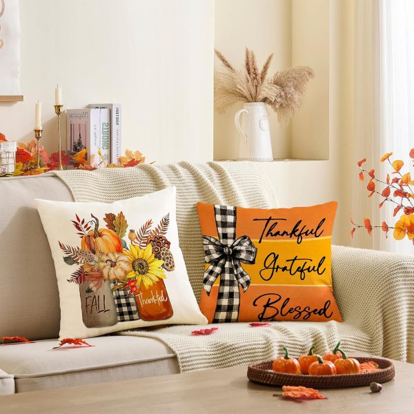 CT0440266JS_2 Fall Pillow Covers 18x18 Set of 4 Rustic Indoor Outdoor Decorations Fall Decor for Home Orange Throw Pillow Covers,Thankful Grateful Linen Autumn Cushion Case for Sofa Couch Chair Bedroom