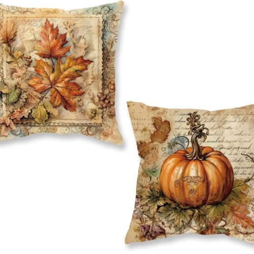 ONWAY Fall Throw Pillow Covers 18x18 Inch Set of 2 Vintage Pumpkin Decor