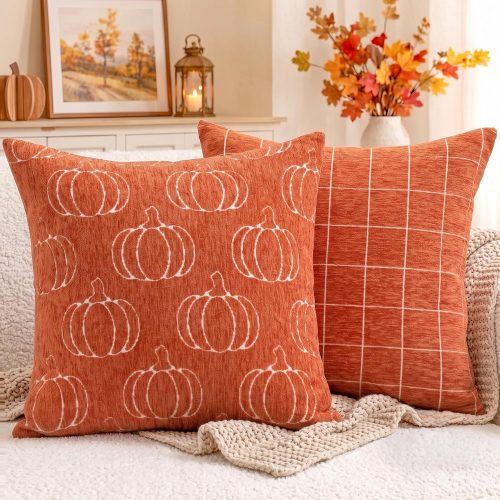 Fall Pumpkin Chenille Plaid Pillow Covers Autumn Decor 18x18
