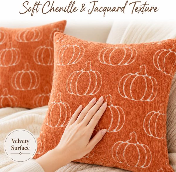 CT0440284JS_2 Fall Pumpkin Chenille Plaid Pillow Covers Autumn Decor 18x18