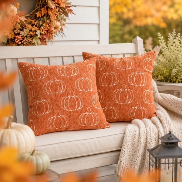 CT0440284JS_3 Fall Pumpkin Chenille Plaid Pillow Covers Autumn Decor 18x18