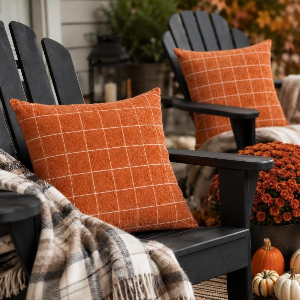 CT0440284JS_4 Fall Pumpkin Chenille Plaid Pillow Covers Autumn Decor 18x18