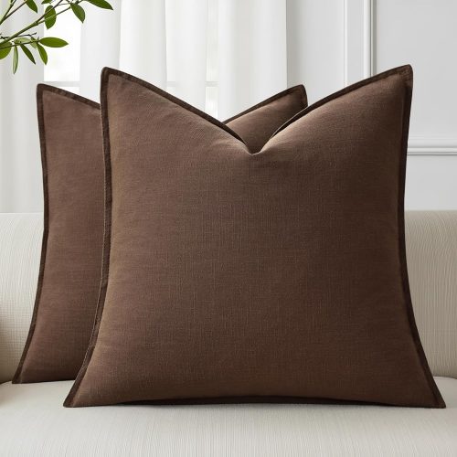 CT0440287JS_1 decorUhome Fall Brown Linen Throw Pillow Covers 18x18 Set of 2 | Decorative Soft Cozy Modern Farmhouse Boho Accent Pillow Cases with Flange Edges for Couch Bed Sofa Living Room Home Decor