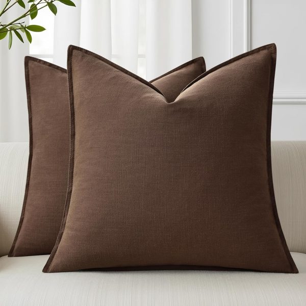 decorUhome Fall Brown Linen Throw Pillow Covers 18x18 Set of 2 | Decorative Soft Cozy Modern Farmhouse Boho Accent Pillow Cases with Flange Edges for Couch Bed Sofa Living Room Home Decor