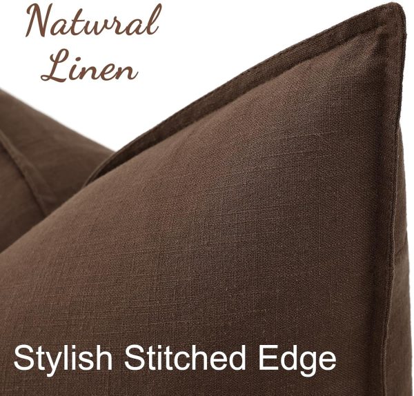 decorUhome Fall Brown Linen Throw Pillow Covers 18x18 Set of 2 | Decorative Soft Cozy Modern Farmhouse Boho Accent Pillow Cases with Flange Edges for Couch Bed Sofa Living Room Home Decor