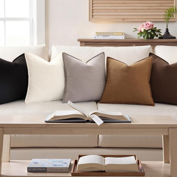 decorUhome Fall Brown Linen Throw Pillow Covers 18x18 Set of 2 | Decorative Soft Cozy Modern Farmhouse Boho Accent Pillow Cases with Flange Edges for Couch Bed Sofa Living Room Home Decor