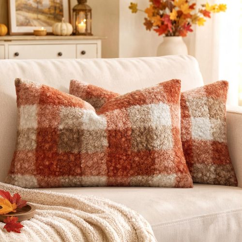 MIULEE Fall Plaid Pillow Covers Boucle Orange 12x20 Set of 2 Lumbar