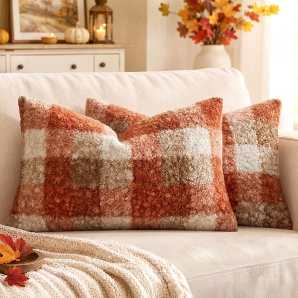 MIULEE Fall Plaid Pillow Covers Boucle Orange 12x20 Set of 2 Lumbar