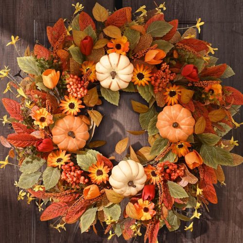 CT0440341JS_1 26" Fall Wreaths for Front Door Outside, Fall Decorations for Home | Large Autumn Wreath with Pumpkin for Indoor Outdoor Porch Thanksgiving Farmhouse Harvest Decor