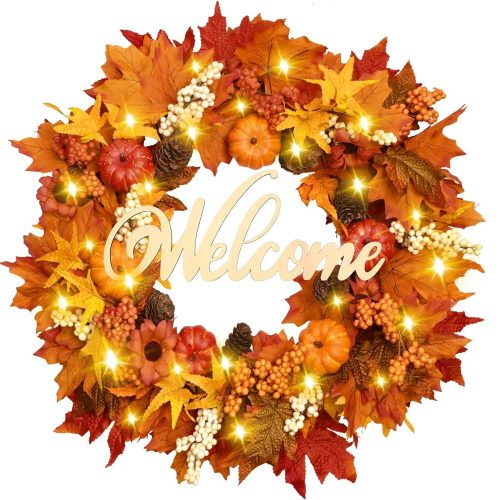 CT0440352JS_1 Waipfaru 22" Fall Decor, Fall Wreaths for Front Door, Autumn Wreath | Outdoor Reef with Lights and Welcome Sign for Modern Farmhouse Porch Patio Thanksgiving Decoration