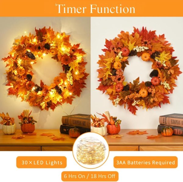 CT0440352JS_3 Waipfaru 22" Fall Decor, Fall Wreaths for Front Door, Autumn Wreath | Outdoor Reef with Lights and Welcome Sign for Modern Farmhouse Porch Patio Thanksgiving Decoration