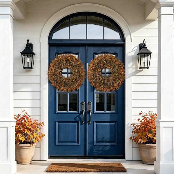 26'' Lush Fall Wreath for Front Door, Faux Autumn Boxwood Wreath Outdoor | Large Artificial Boxwood Leave Wreaths for Porch, Window, Wall, Thanksgiving Autumn Fall Decorations for Home Indoor Outdoor
