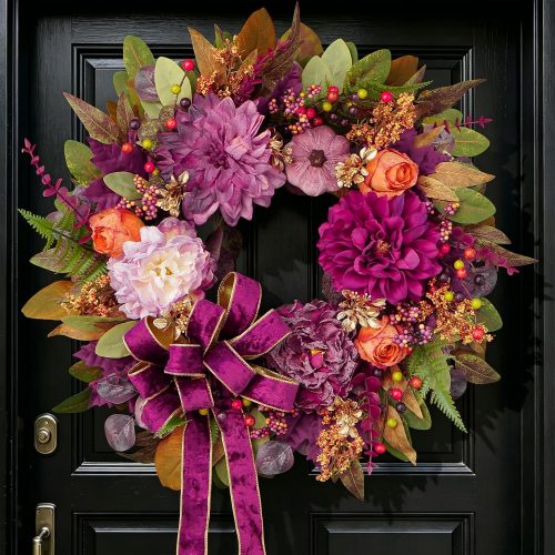 Fall Wreaths for Front Door 24" Vintage Autumn Wreath with Velvet Bow