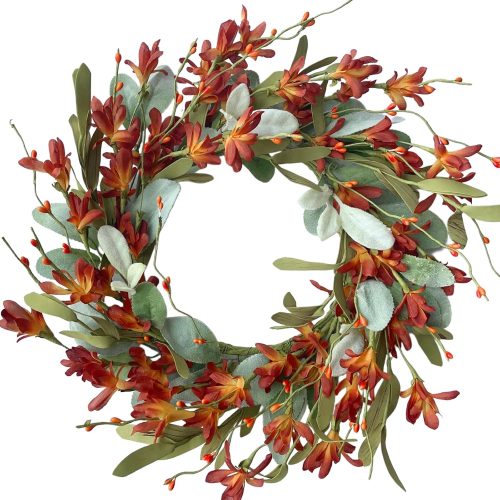 idyllic 15 Inches Fall Wreaths for Front Door Artificial Autumn Wreath with Forsythia Flowers Greenery Leaves Orange Berries for Outside Indoor Wall Window Festival Thanksgiving Fall Harvest Decor