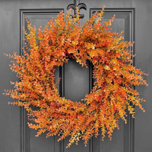 CT0440400JS_1 26" Autumn Fall Wreath with Orange Eucalyptus Leaf for Front Door/Outdoor | Lifelike Full Orange Eucalyptus Leaves Decor for Mantel, Wall, Window; UV-resistant, Weatherproof, Grapevine Base with Loop