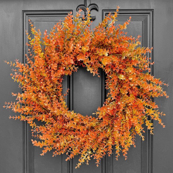 26" Autumn Fall Wreath with Orange Eucalyptus Leaf for Front Door/Outdoor | Lifelike Full Orange Eucalyptus Leaves Decor for Mantel, Wall, Window; UV-resistant, Weatherproof, Grapevine Base with Loop