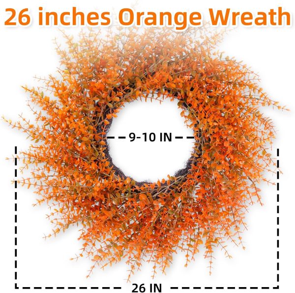 26" Autumn Fall Wreath with Orange Eucalyptus Leaf for Front Door/Outdoor | Lifelike Full Orange Eucalyptus Leaves Decor for Mantel, Wall, Window; UV-resistant, Weatherproof, Grapevine Base with Loop