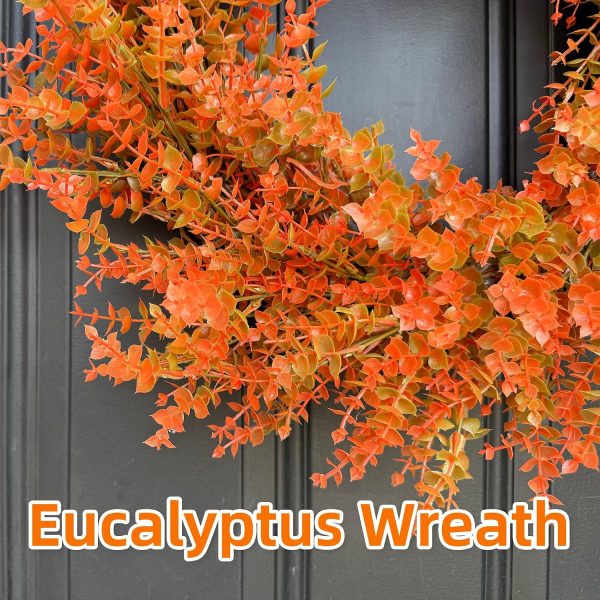 26" Autumn Fall Wreath with Orange Eucalyptus Leaf for Front Door/Outdoor | Lifelike Full Orange Eucalyptus Leaves Decor for Mantel, Wall, Window; UV-resistant, Weatherproof, Grapevine Base with Loop