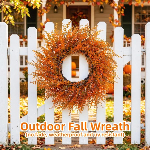 26" Autumn Fall Wreath with Orange Eucalyptus Leaf for Front Door/Outdoor | Lifelike Full Orange Eucalyptus Leaves Decor for Mantel, Wall, Window; UV-resistant, Weatherproof, Grapevine Base with Loop