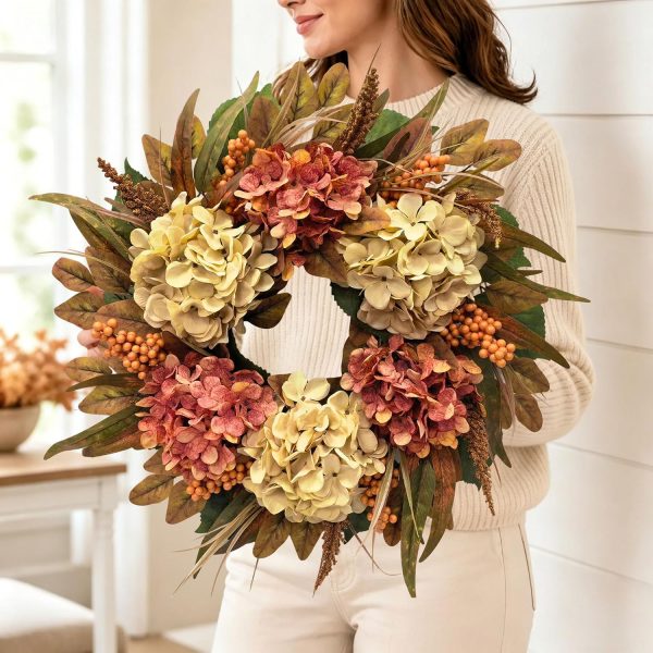 24 Inch Fall Hydrangea Wreath for Front Door, Thanksgiving Harvest Decor